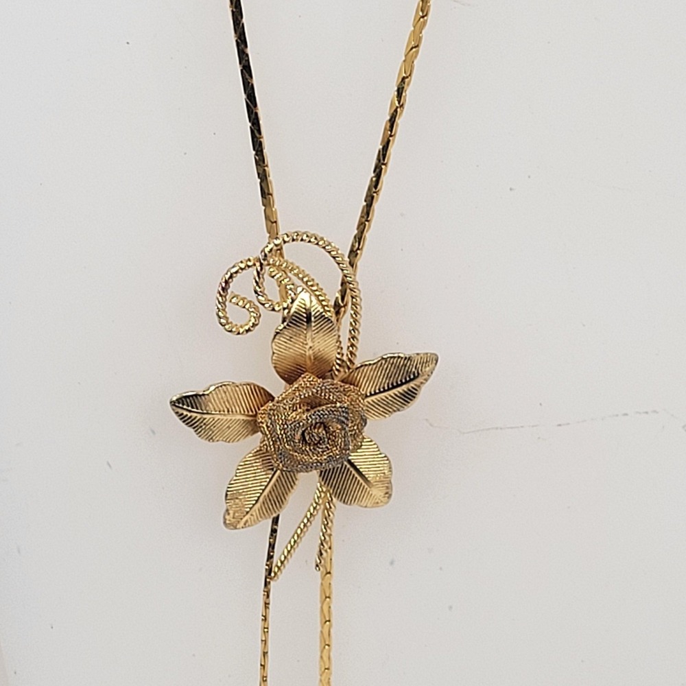Floral Rose Slider Necklace Gold Tone Y Drop Textured Leaf Pendant Jewelry